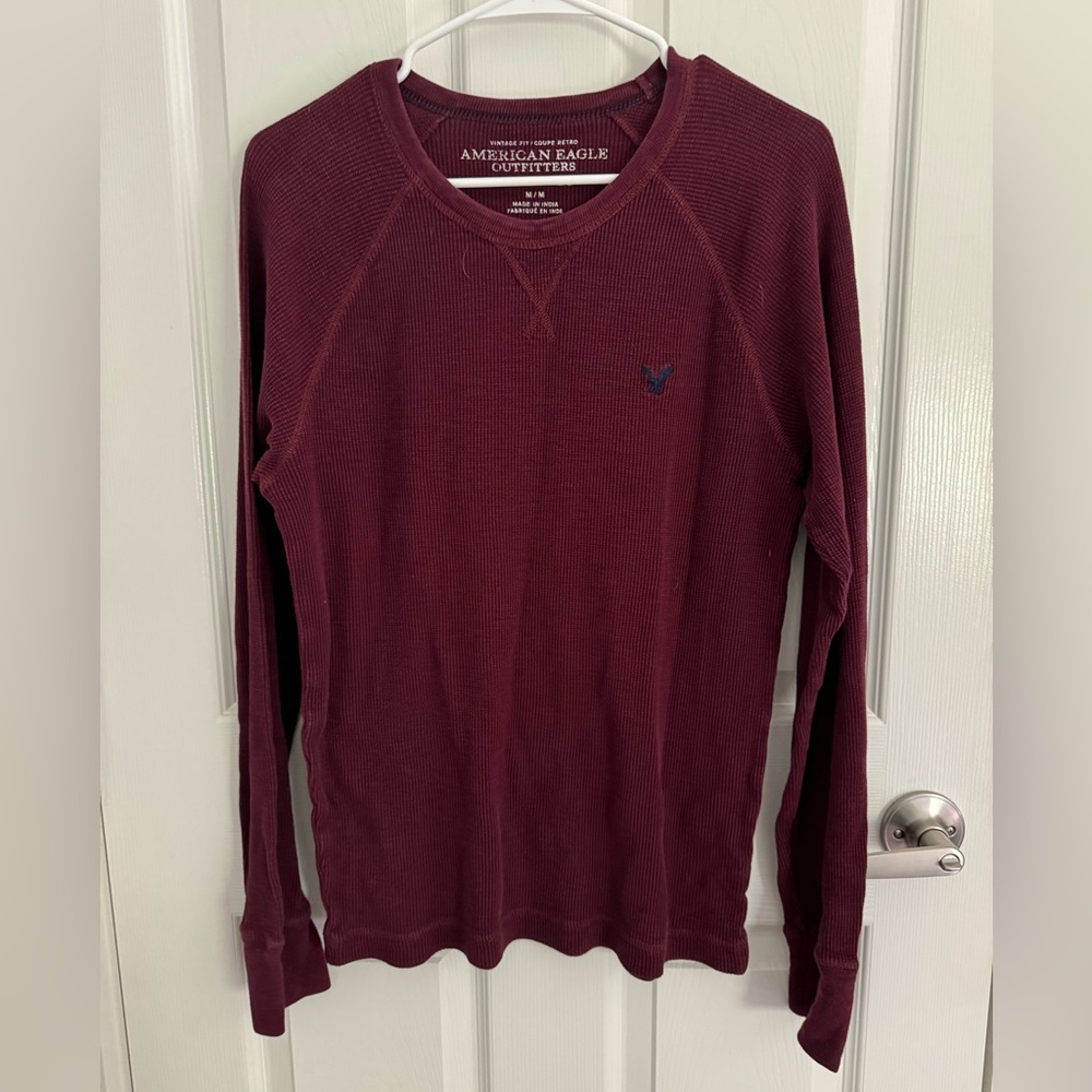 American Eagle Men’s Thermal Long Sleeve Shirt, Maroon, Size M, Vintage Fit